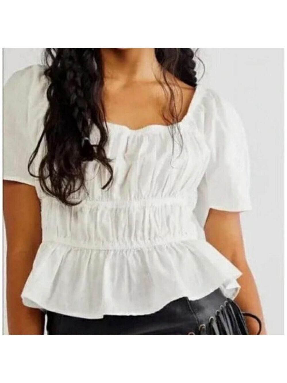 Free People Phoebe Smocked Puff Sleeves Lace Up Open Back Size L